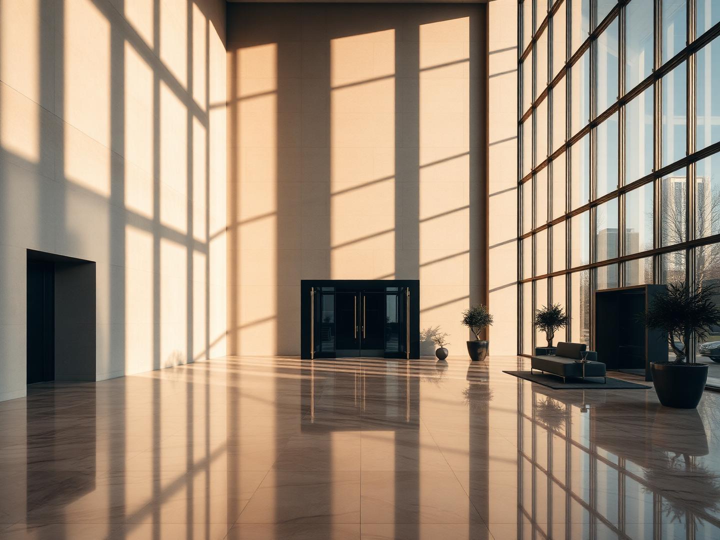 Lobby corporativo internacional com fachada envidraçada