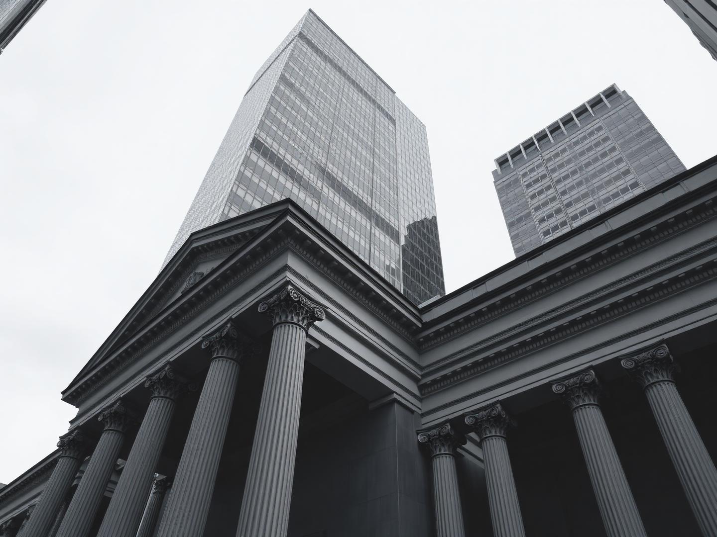 Contraste entre arquitetura clássica e fachada de vidro de instituição financeira